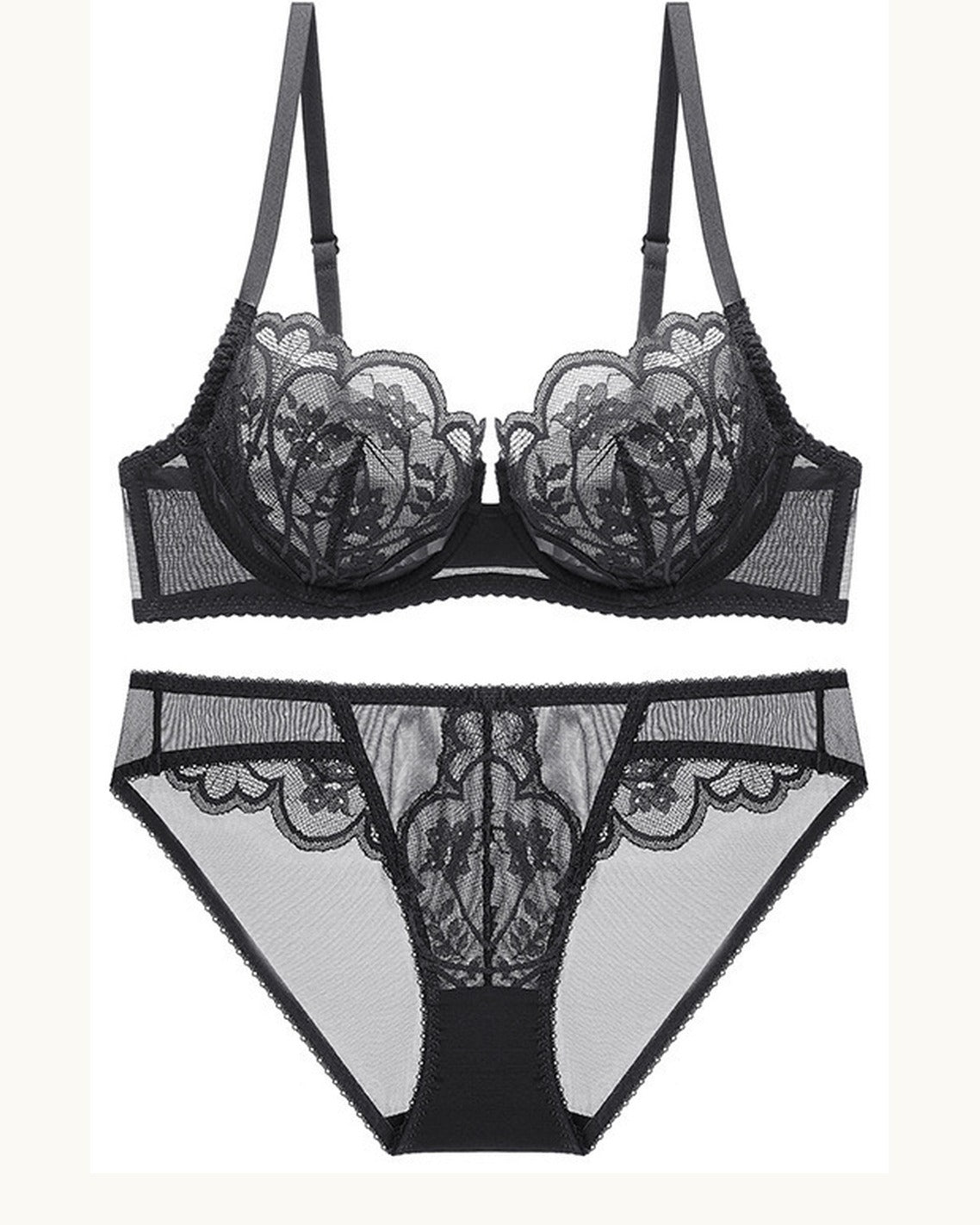 Darette Plain Sight Sheer Set in Noir - sheer lace bra and panty, flat product view