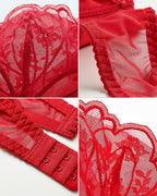 Close-up detail of the Darette Plain Sight Sheer Set in Red - lace trim and adjustable strap hardware