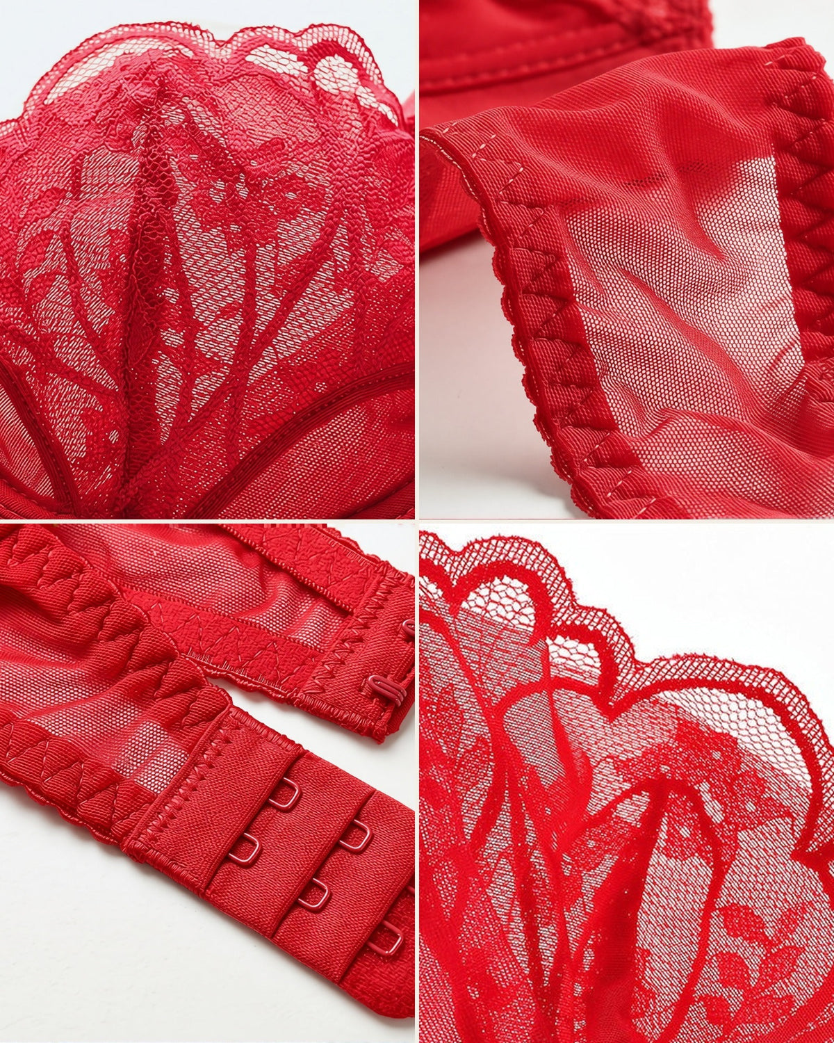 Close-up detail of the Darette Plain Sight Sheer Set in Red - lace trim and adjustable strap hardware