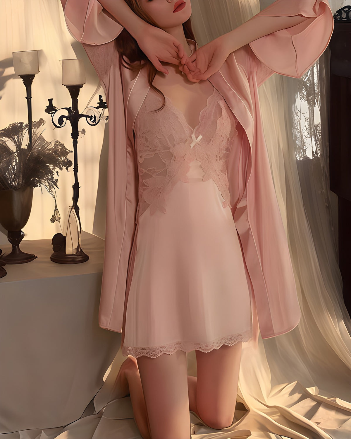 Darette Room Service Set in Blush - satin slip layered under a matching robe, side view