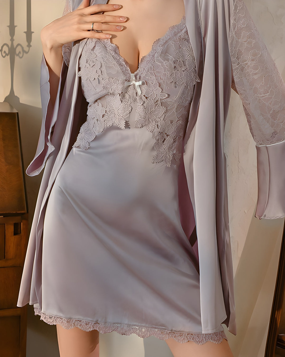 Close-up of the Darette Room Service Set in Mauve - lace bodice neckline and satin robe sleeve