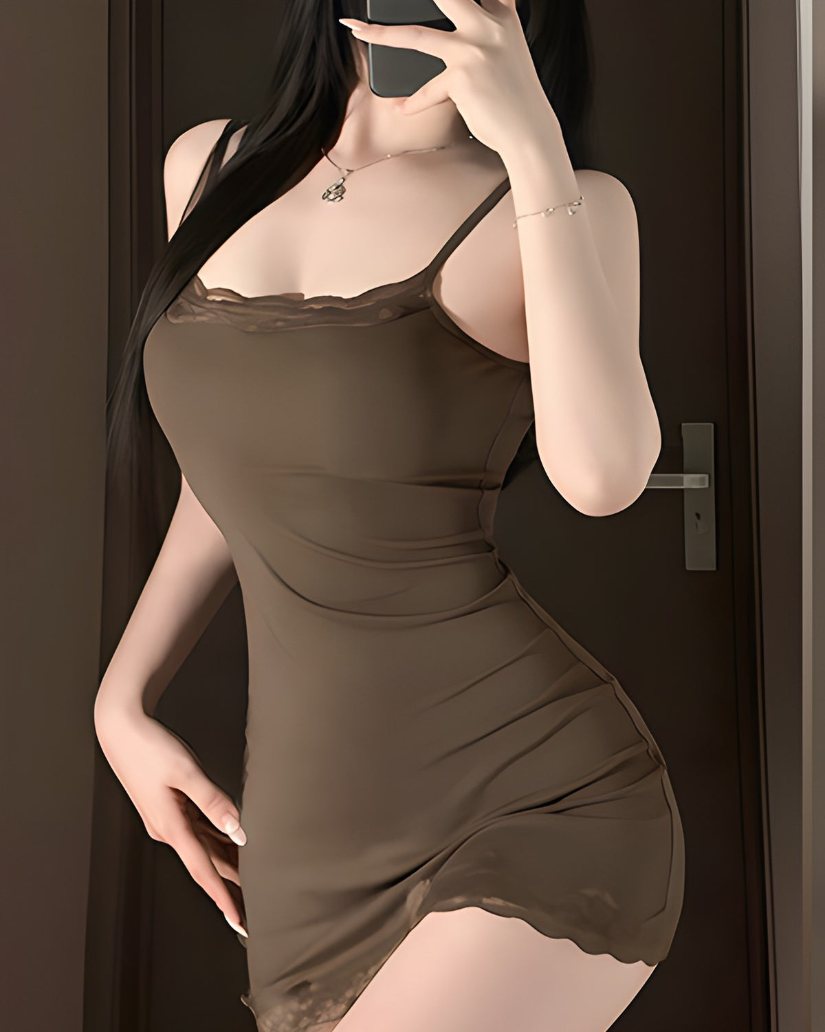 Darette Second Nature Slip in Mocha - front view showing the lace-trimmed neckline and hem