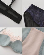 Detail collage of the Darette Second Skin Lace Set - strap hardware, lace trim, cup seam and briefs waistband