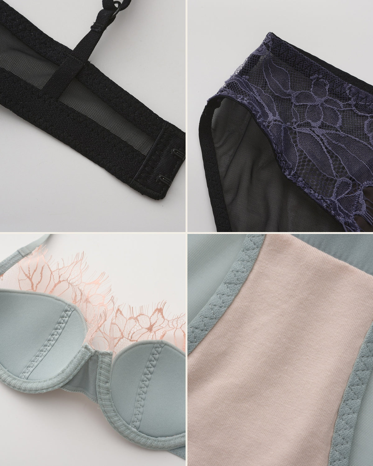 Detail collage of the Darette Second Skin Lace Set - strap hardware, lace trim, cup seam and briefs waistband