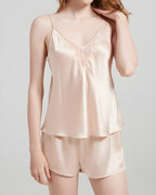 Darette Short Notice Silk Set in Crème - close-up front view of the lace-trim silk cami