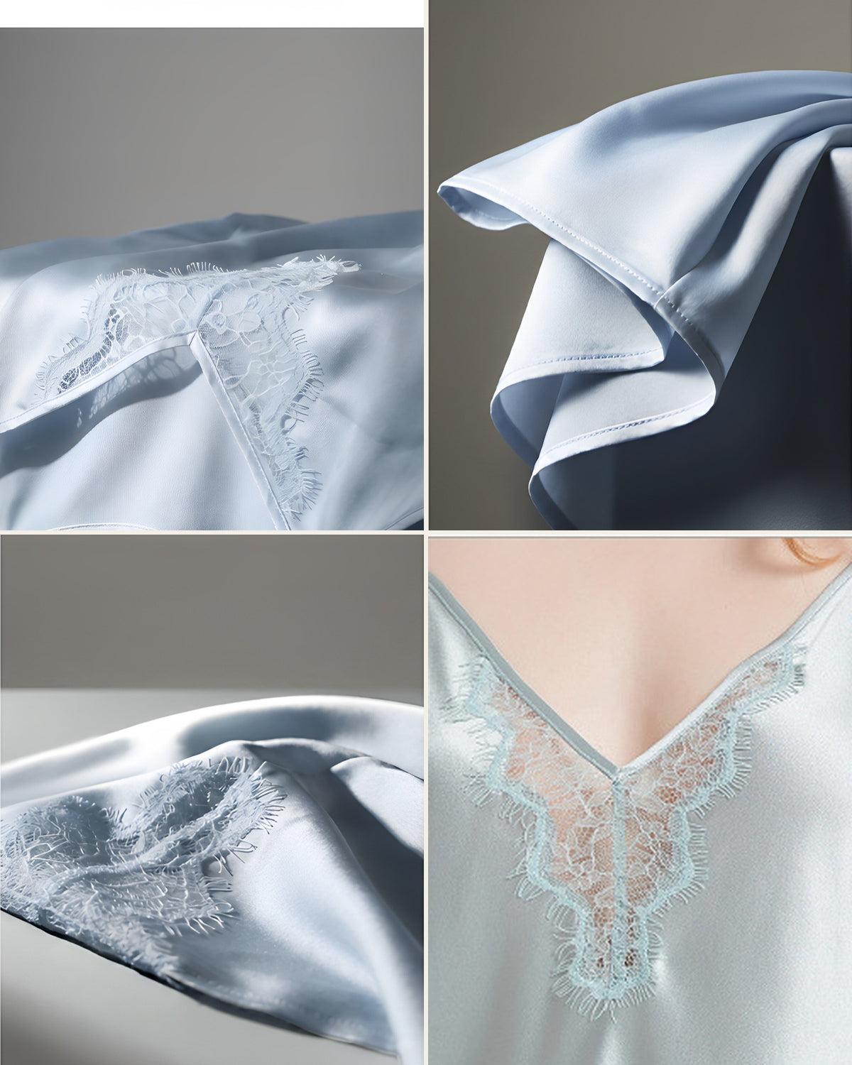 Darette Short Notice Silk Set - close-up collage of the lace trim and fabric detailing on the silk set