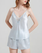 Darette Short Notice Silk Set in Sky - close-up front view of the lace-trim silk cami