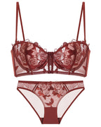Darette Slow Burn Lace Set in Bordeaux - flat lay of the rose-embroidered lace bra and brief on a white background