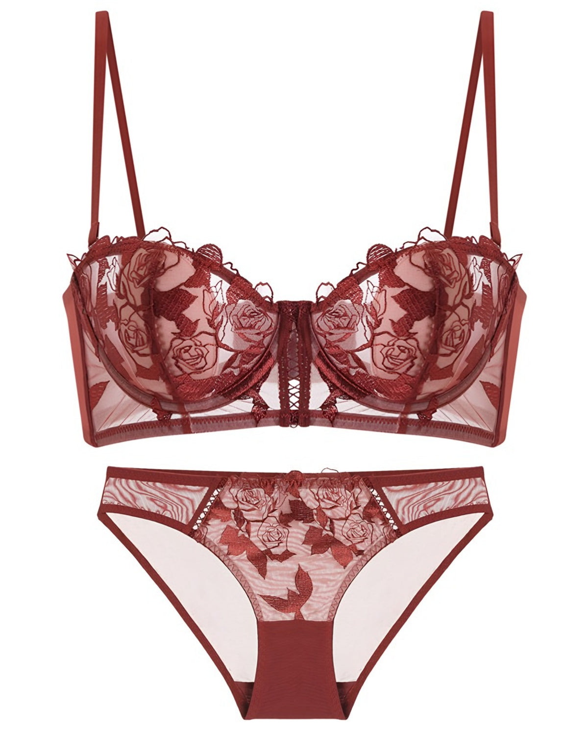 Darette Slow Burn Lace Set in Bordeaux - flat lay of the rose-embroidered lace bra and brief on a white background