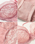 Darette Small Dare Sheer Set in Blush - detail collage of lace cups, straps and panty