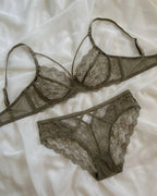 Darette Small Dare Sheer Set in Moss laid flat on fabric, showing bra and panty together