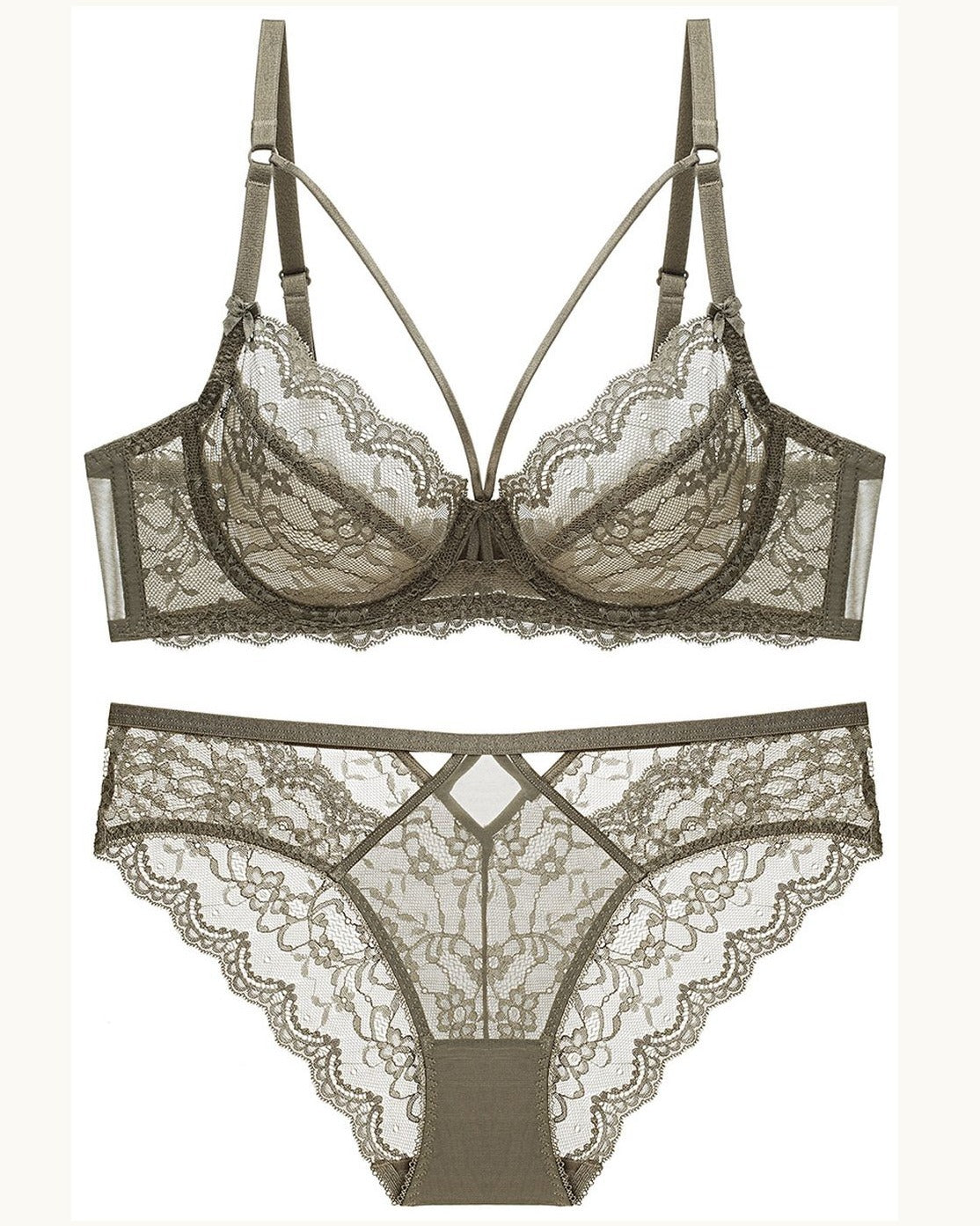 Darette Small Dare Sheer Set and panty in Moss shown as a cut-out product pairing