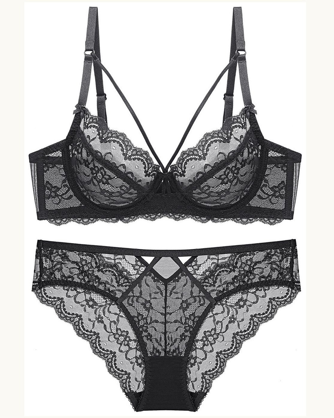 Darette Small Dare Sheer Set and panty in Noir shown as a cut-out product pairing