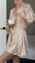 Candid lifestyle shot of the Darette Champagne Problems Satin Slip in Champagne