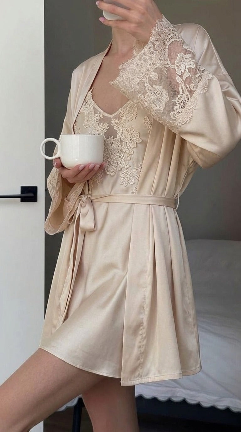 Candid lifestyle shot of the Darette Champagne Problems Satin Slip in Champagne