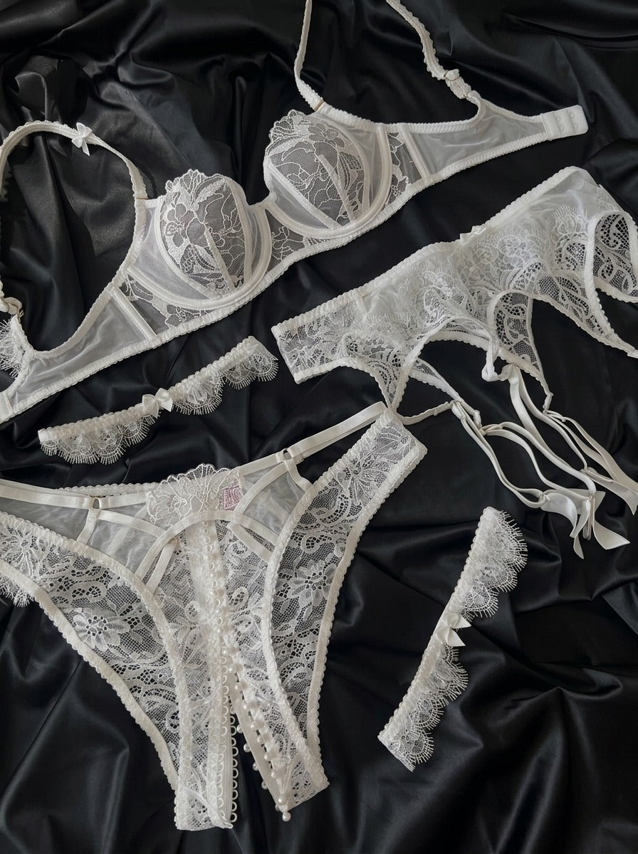 Candid lifestyle shot of the Darette Full Bloom Embroidered Set in Ivory