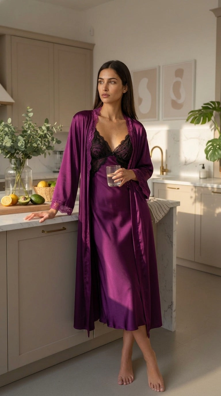 Candid lifestyle shot of the Darette Trailing Off Slip in Plum