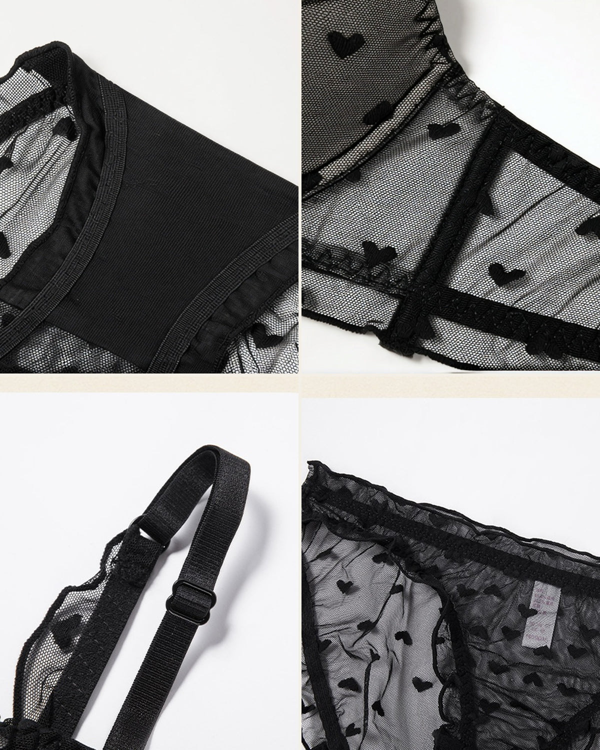 Darette Soft Spot Lace Set in Noir - detail collage of straps, mesh trim and panty