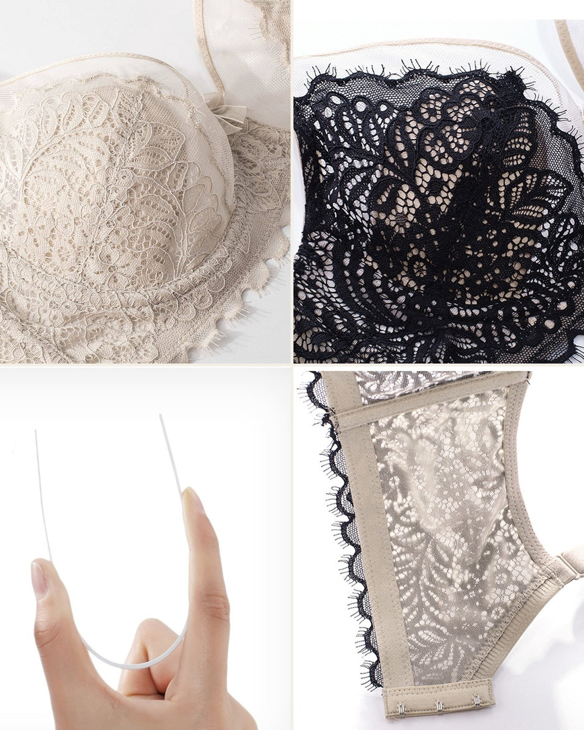 Darette The Confidante Lace Set - detail collage of the lace cups, straps and hardware in both colourways