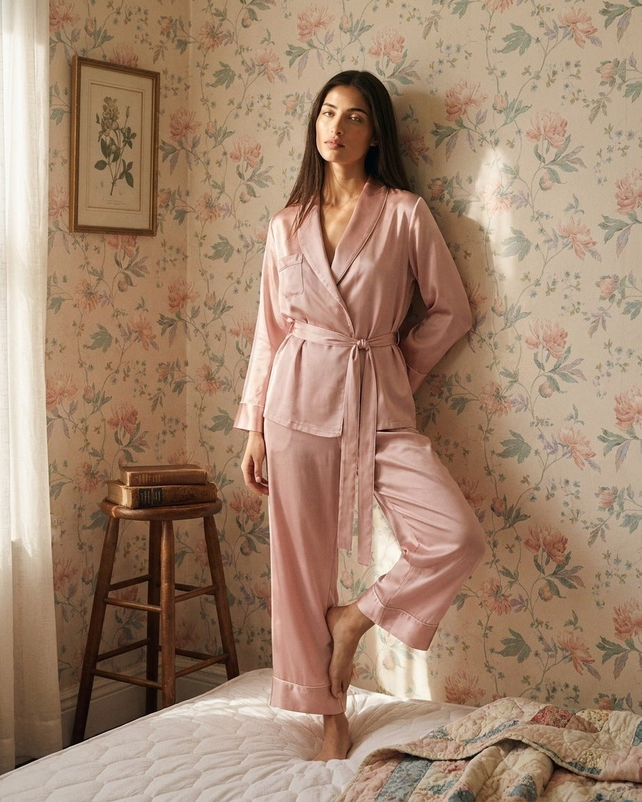 Darette The Long Weekend Silk Set in Blush - full-length view of the tie-belt shirt and wide trousers against floral wallpaper