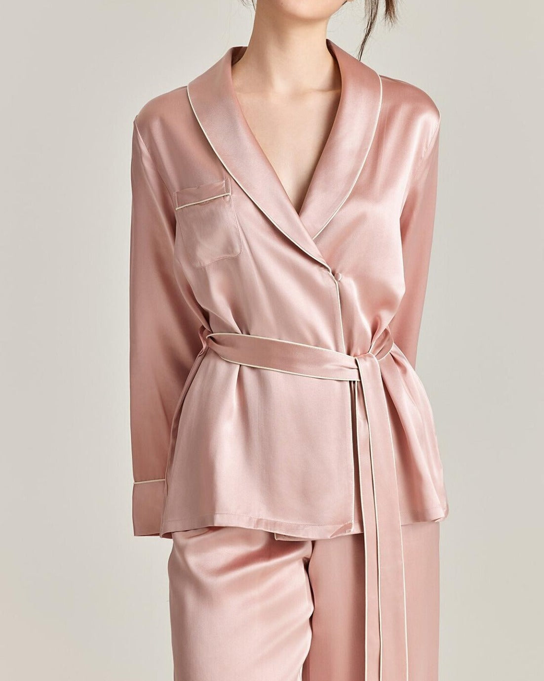 Darette The Long Weekend Silk Set in Blush - shawl collar, chest pocket and tie belt, studio front view