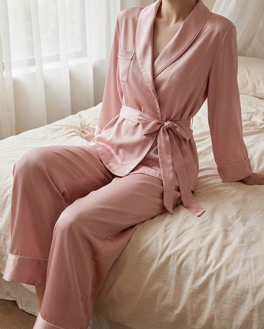 Darette The Long Weekend Silk Set in Blush - belted shirt and trousers, seated on a bed by the window