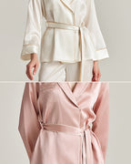 Darette The Long Weekend Silk Set details - contrast piping, cuffs and tie belt in Ivory and Blush