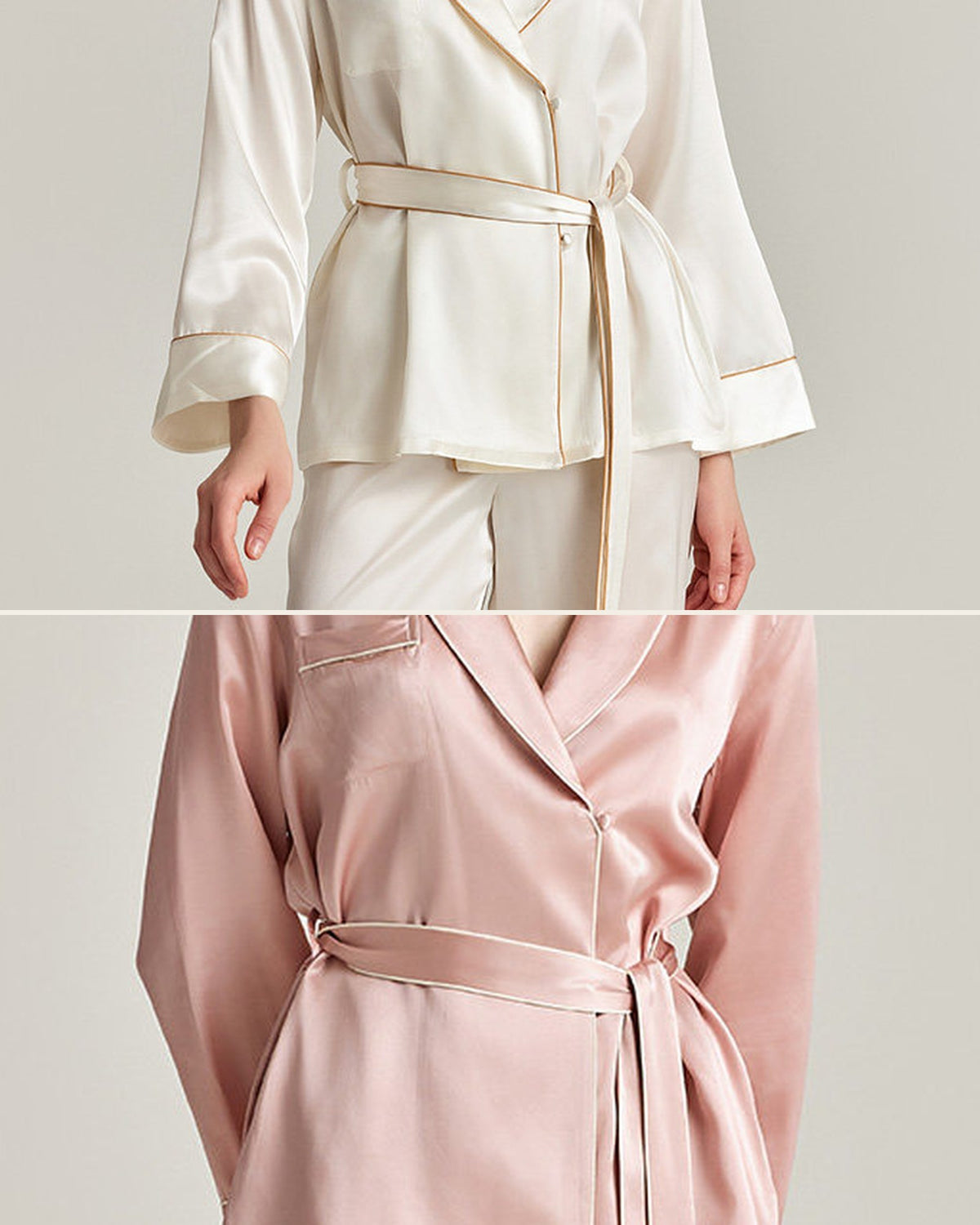 Darette The Long Weekend Silk Set details - contrast piping, cuffs and tie belt in Ivory and Blush