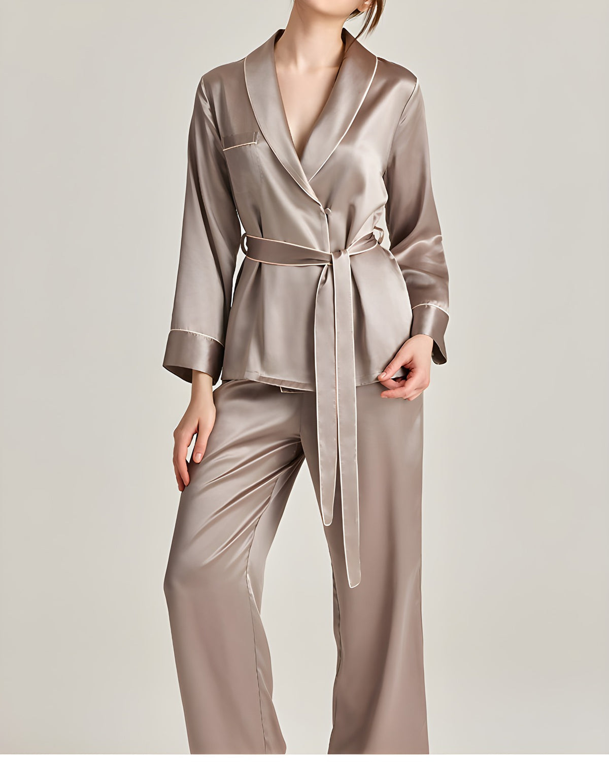 Darette The Long Weekend Silk Set in Mist - full-length studio view of the belted shirt and straight-leg trousers