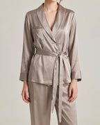 Darette The Long Weekend Silk Set in Mist - shawl collar and chest pocket with the belt tied at the waist, close front view