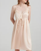 Darette The Real Thing Silk Slip in Crème - full-length front view showing the lace neckline and drawstring waist