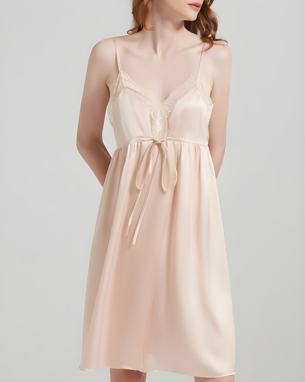 Darette The Real Thing Silk Slip in Crème - full-length front view showing the lace neckline and drawstring waist