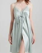 Darette The Real Thing Silk Slip in Sage - front view showing the lace-trimmed neckline and front slit skirt