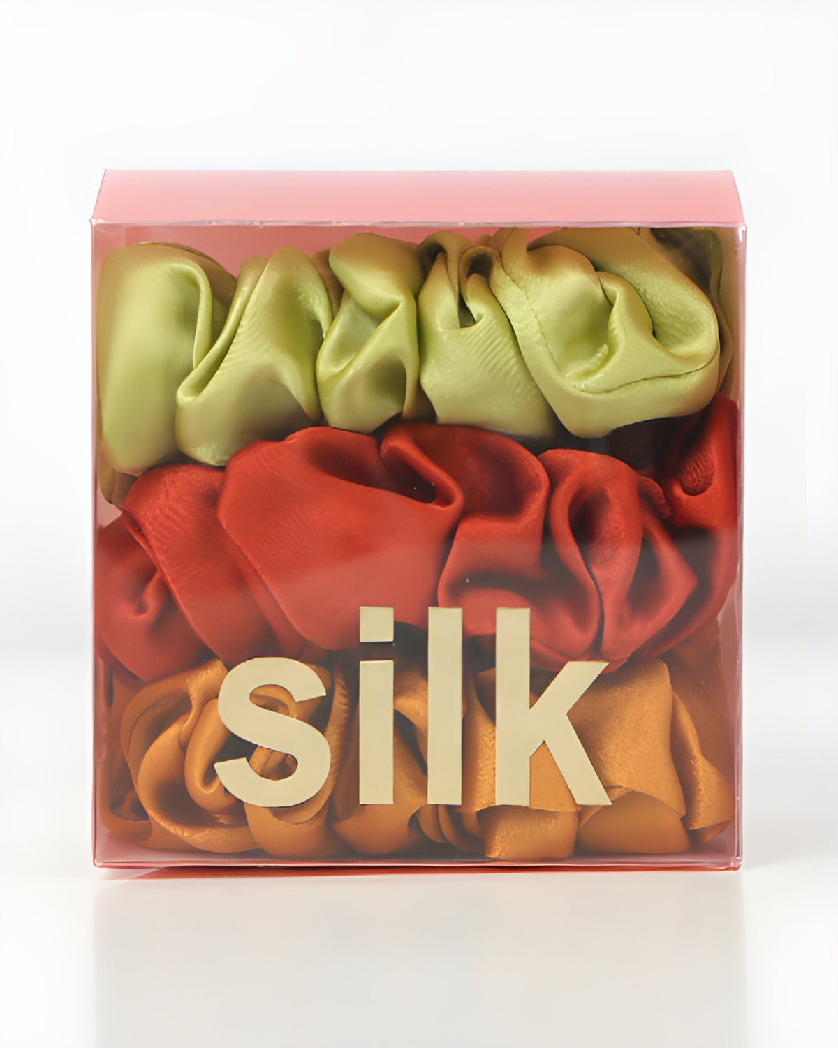 Darette The Understudy Scrunchie Set in Amber - gift box of three silk scrunchies in red, rust orange and green