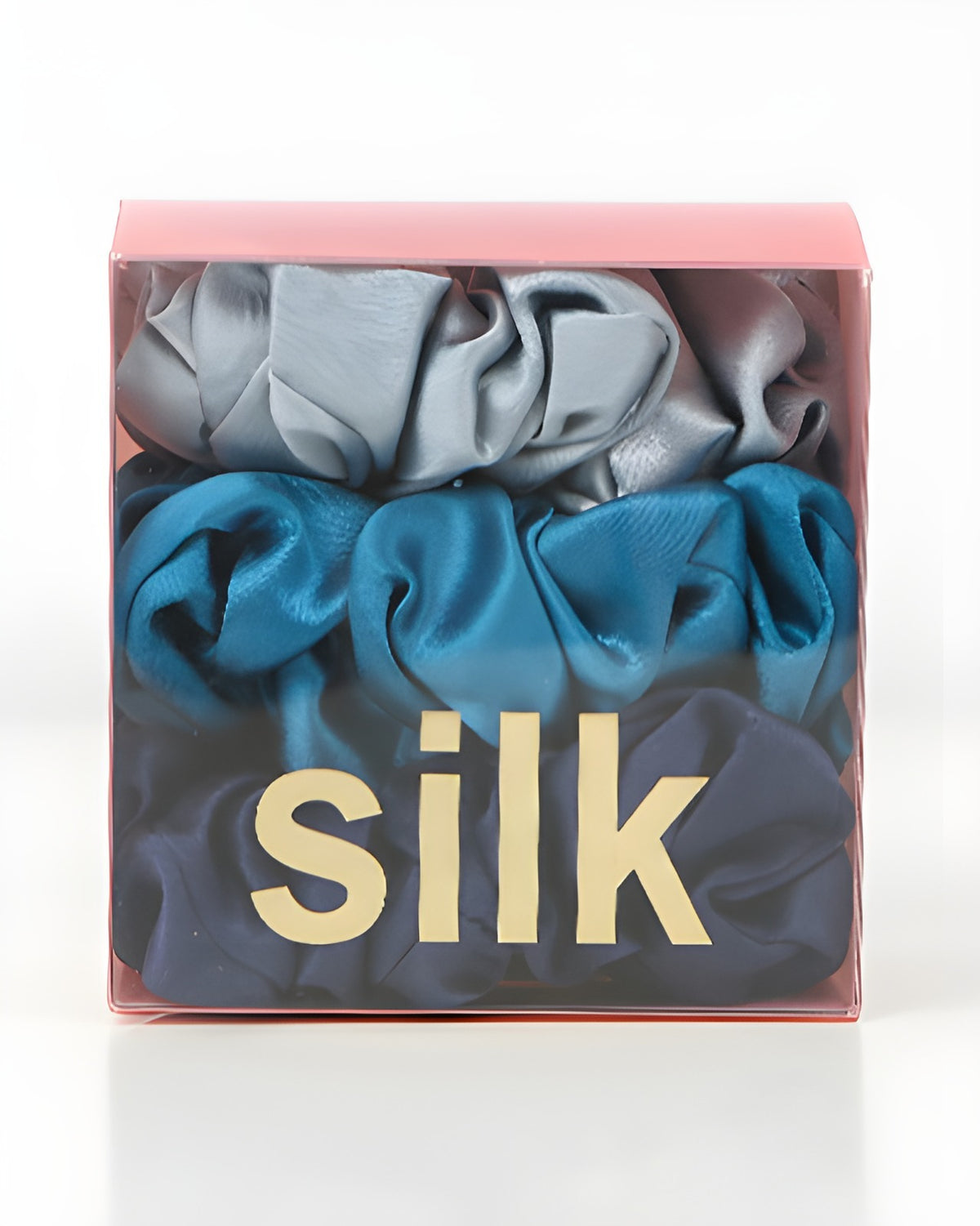 Darette The Understudy Scrunchie Set in Blues - gift box of three silk scrunchies in navy, sky blue and teal