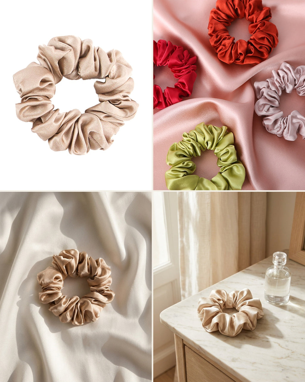 Darette silk scrunchie detail collage - a single scrunchie styled on silk, marble and fabric plus a colourful cluster