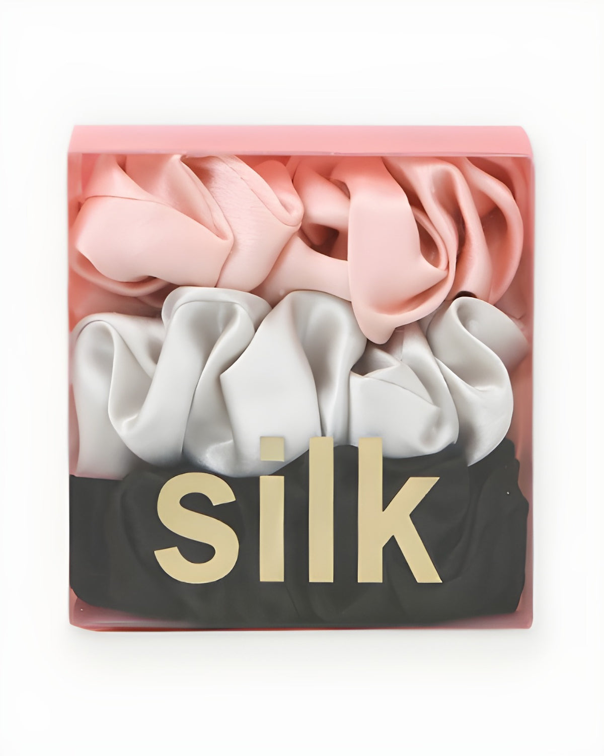 Darette The Understudy Scrunchie Set in Noir & Blush - gift box of three silk scrunchies in black, grey and blush pink