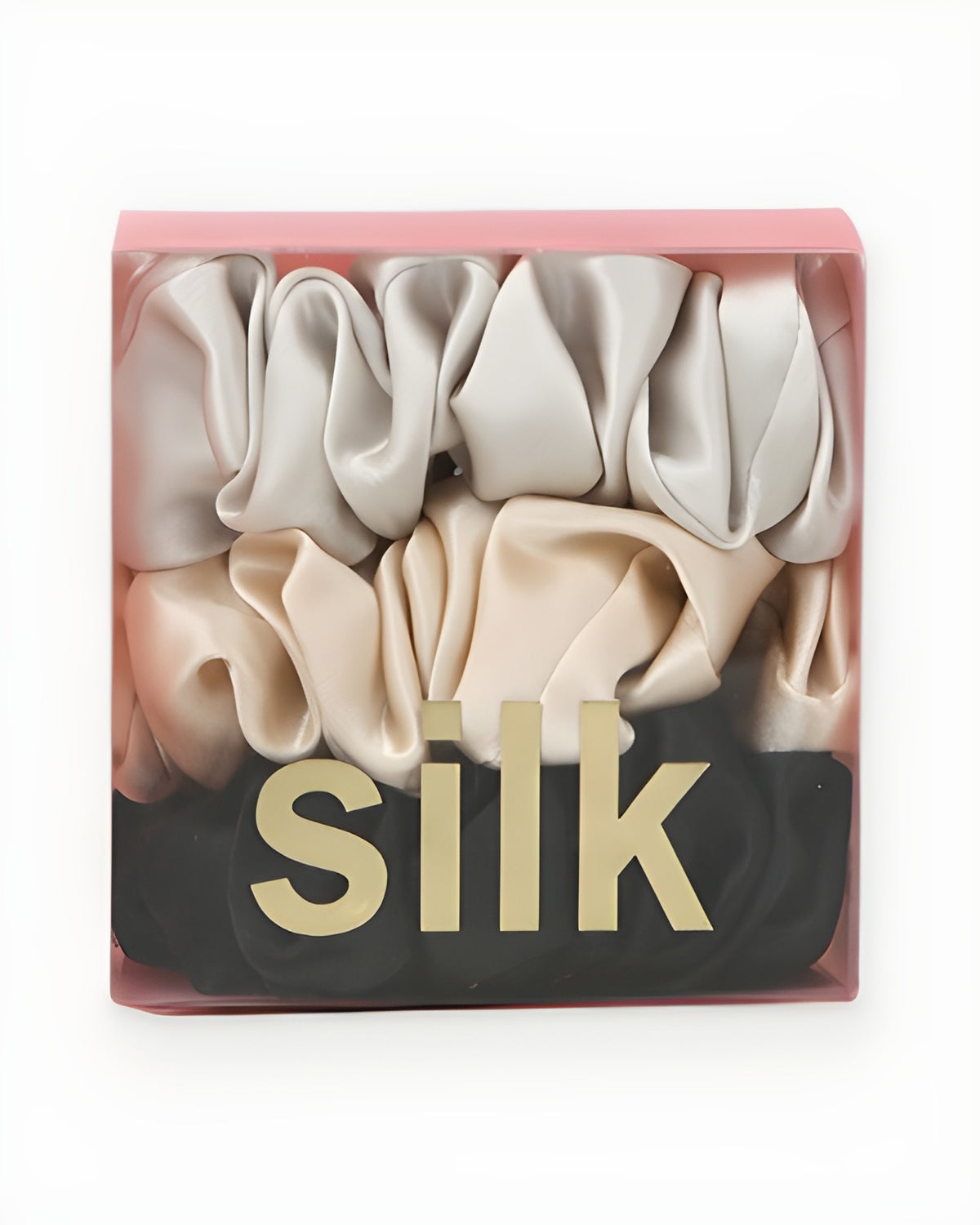 Darette The Understudy Scrunchie Set in Noir & Gold - gift box of three silk scrunchies in black, sand-gold and grey