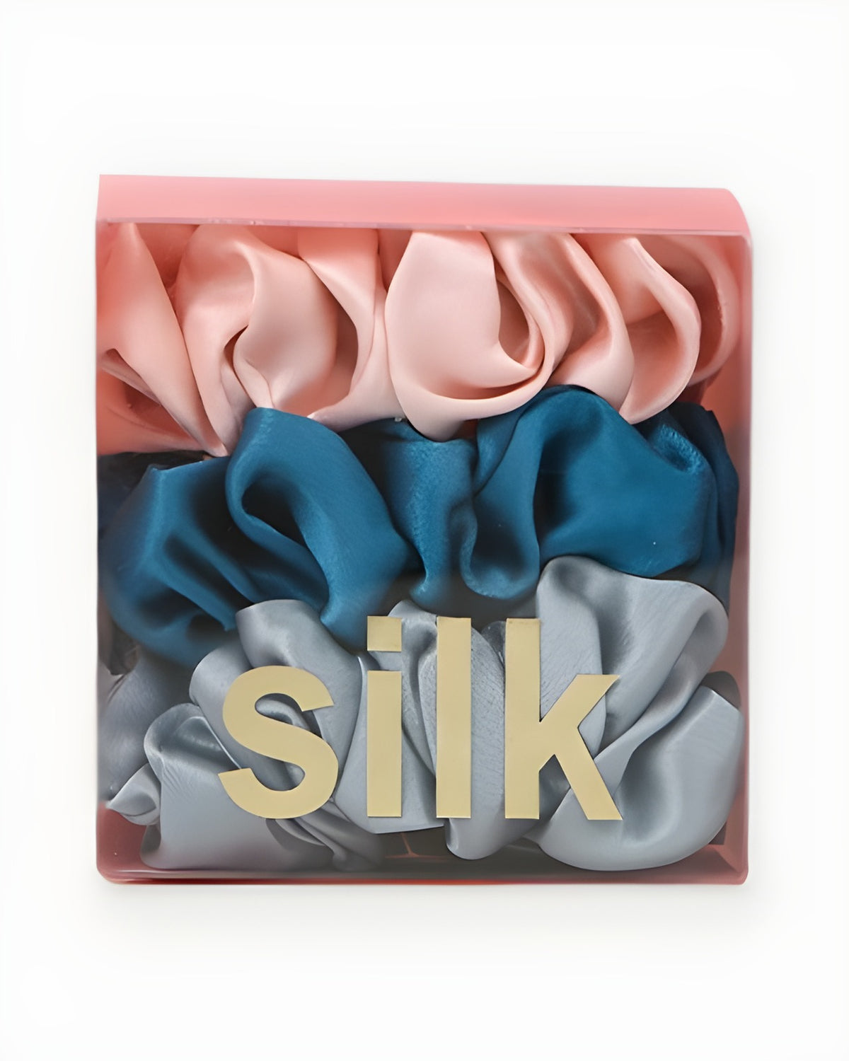 Darette The Understudy Scrunchie Set in Sky & Blush - gift box of three silk scrunchies in blue-grey and blush pink