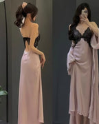 Darette Trailing Off Slip in Blush - black lace bodice slip dress shown from back and front