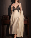 Darette Trailing Off Slip in Champagne - lace-bodice slip dress and sheer robe beside a console table