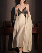 Darette Trailing Off Slip in Champagne - lace-bodice slip dress and sheer robe beside a console table
