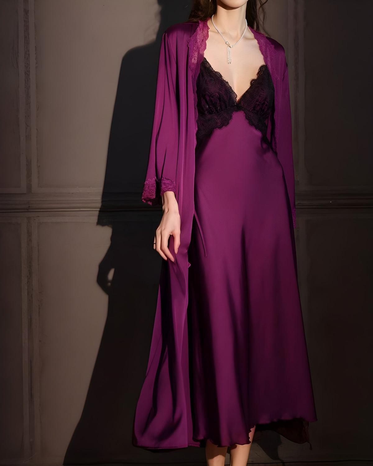 Darette Trailing Off Slip in Plum - satin slip dress layered under a matching robe