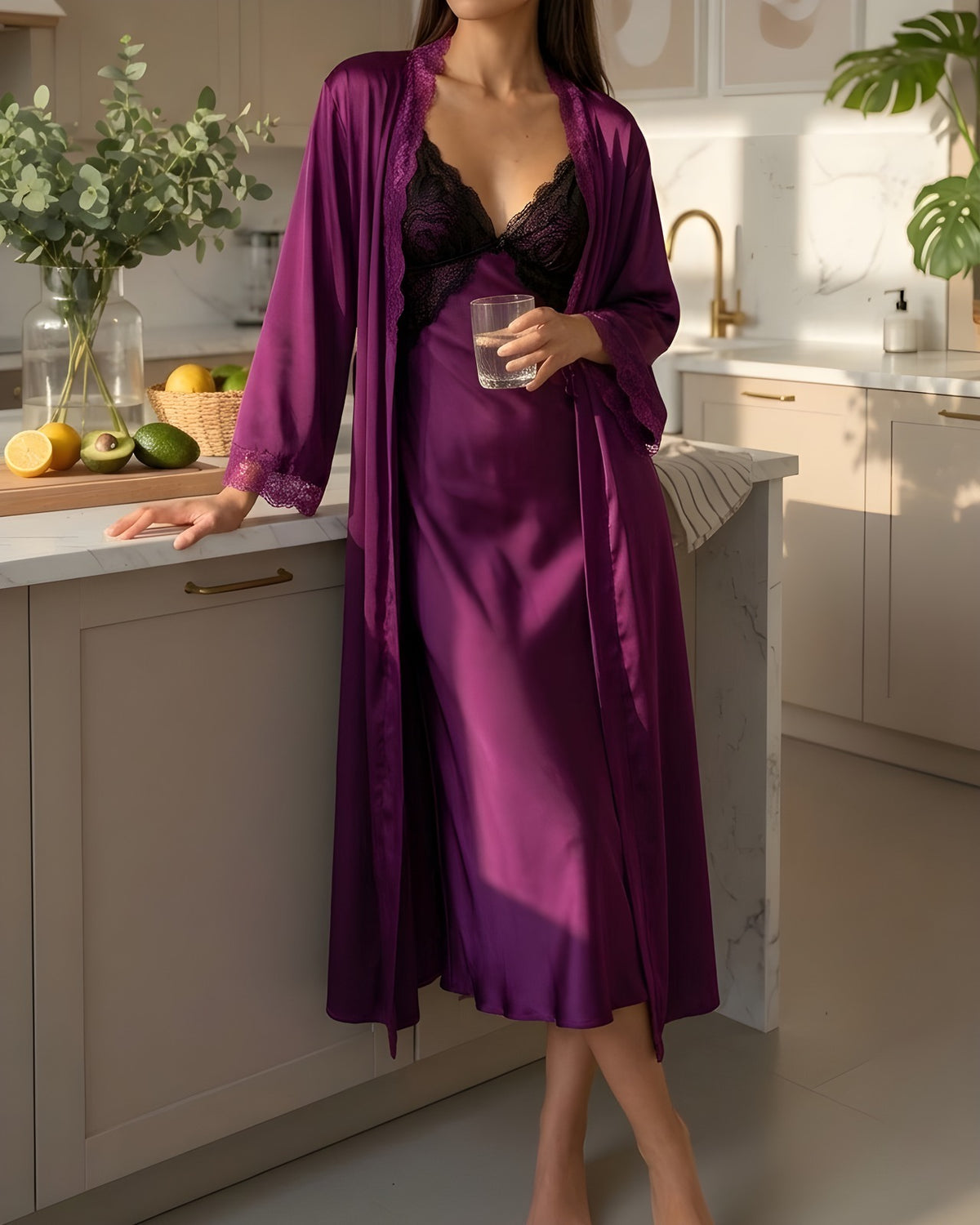Darette Trailing Off Slip in Plum - satin slip dress and robe styled in a modern kitchen