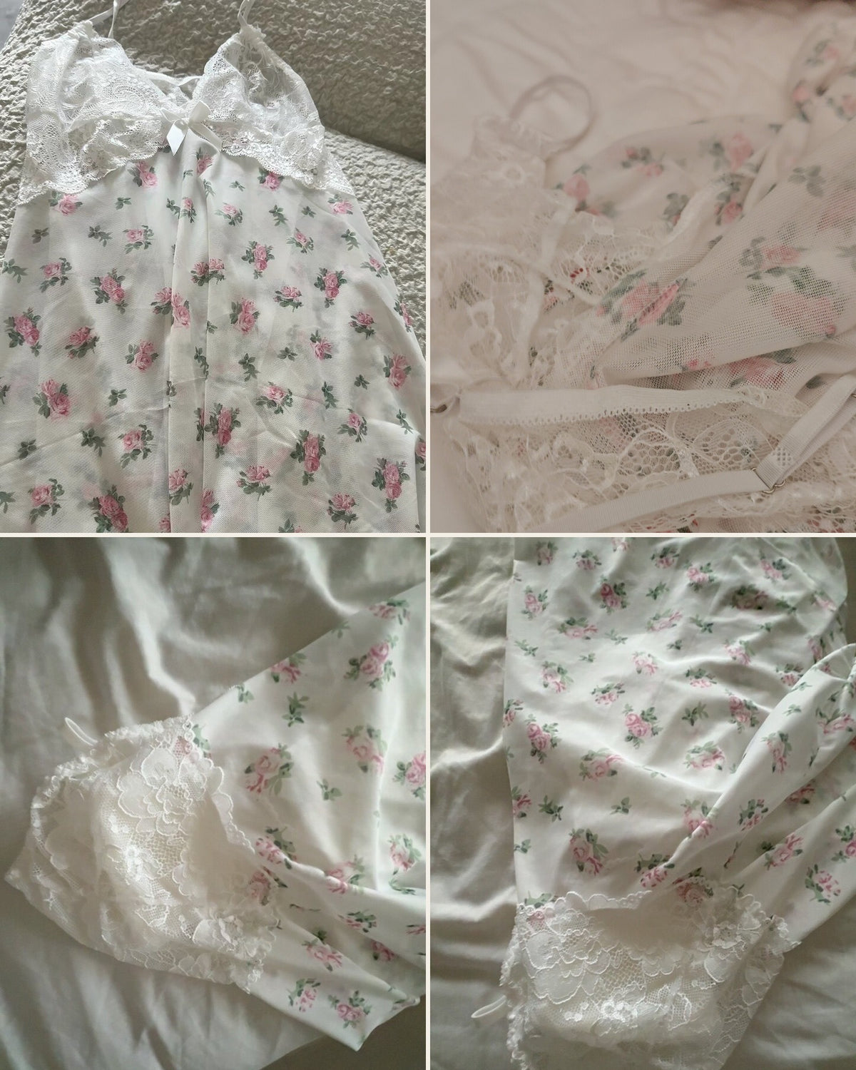 Detail collage of the Darette White Flag Slip - floral chiffon fabric, lace trim, and hem finishing